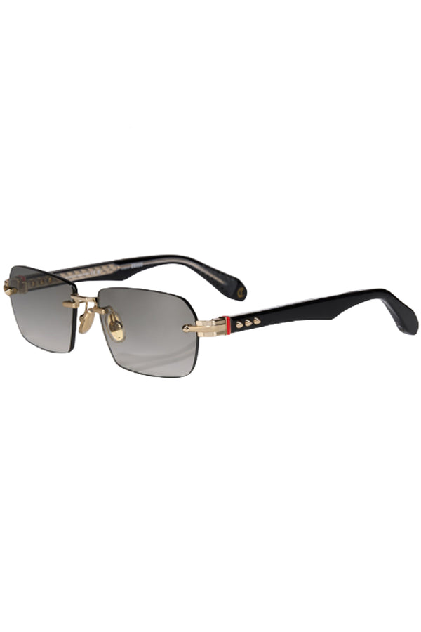 Rotated view of Christian Louboutin sunglasses in gray with metal frame in gold, shown against a plaid white background.
