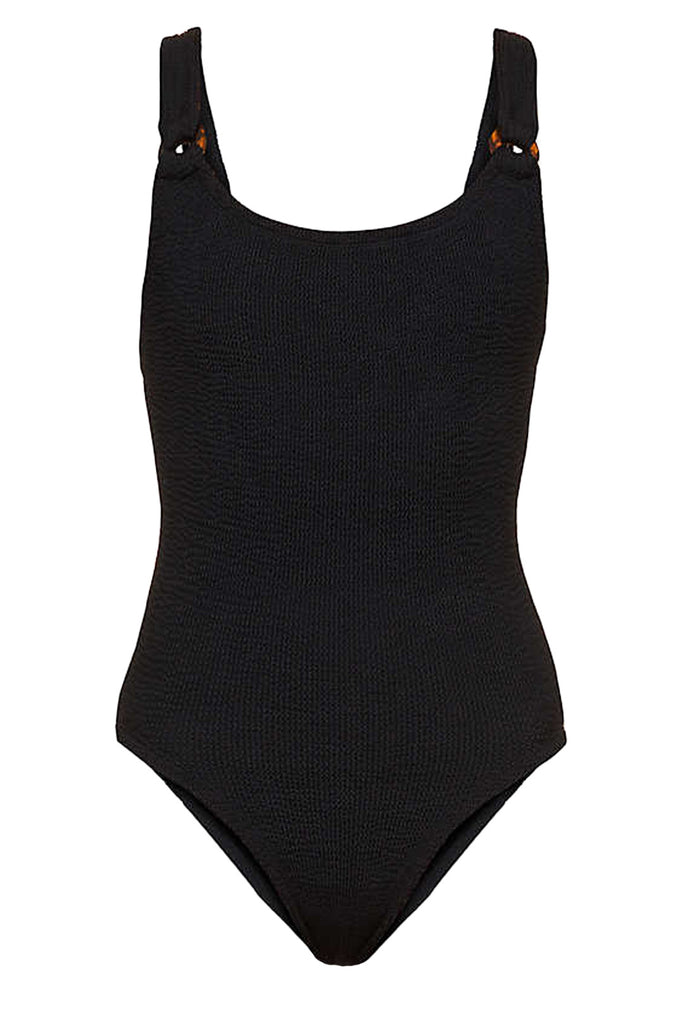 The Domino ring-detail swimsuit in black color from the brand HUNZA G