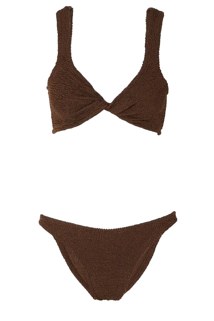 The Juno Twist-Detail Bikini in Metallic Chocolate colour from the brand HUNZA G