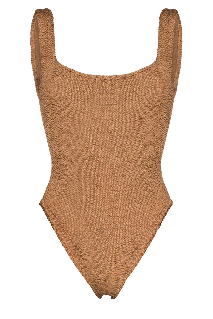 The Square-Neck Swimsuit in metallic cocoa colour from the brand HUNZA G